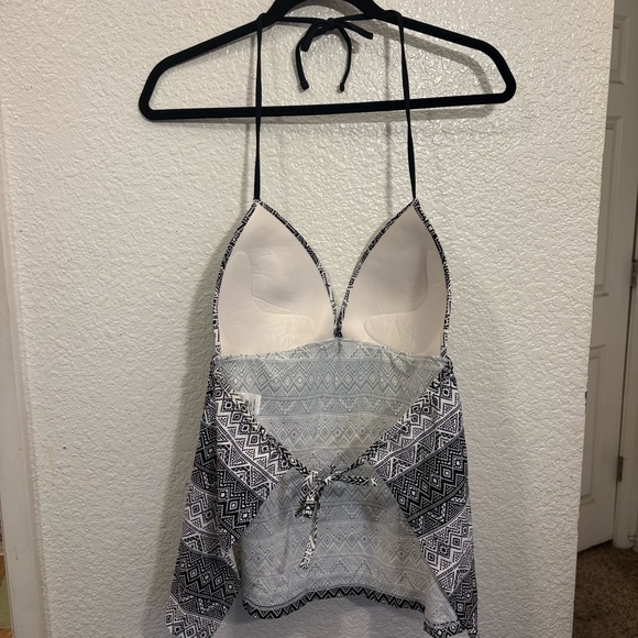 Hula Honey Black White Tribal Print Push Up Tankini Top Women XL Flowy Swim Halt - Picture 2 of 5
